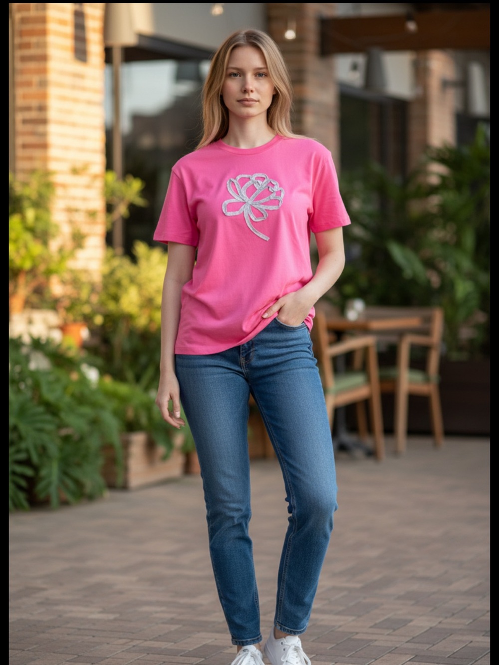 👗J. Crew Hot Pink Short-Sleeve Floral Appliqué Tee